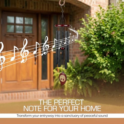36" Memorial Wind Chimes for Outside, Double Sided Engraving Pendant, Deep Tone 6 Aluminum Tubes & Pine Wood, Sympathy Gift for Loss, Includes Acrylic Heart Plaque & a Letter from Heaven - color: Black Leaf Design
