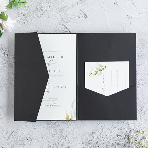 20 PCS Black Tri-fold Laser Cut Wedding Invitation Pockets for 5x7 Wedding Cards Bridal Shower Engagement Quinceanera Invitation - color: Black