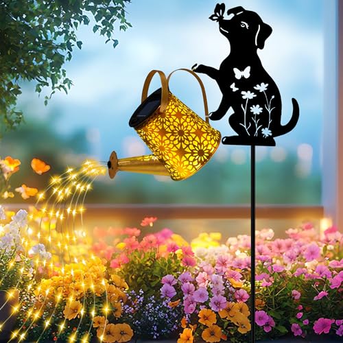 Solar Lights Outdoor Decorative, Watering Can with Cascading Lights, with Dog Silhouette Garden Stakes, Gifts for Mom Women, Waterproof Metal Garden Decor for Yard Art, Outside(1 Pack) - color: Dog, size: 1 PACK