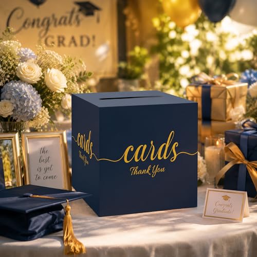 Wedding Card Box with Slot Navy Blue Gold 7.8 in Baby Shower Party | Graduation, Birthday, Bridal Shower, Wedding Reception, Holds Cards & Envelopes, Gift Cards, Easy Assembly, Folds Flat - color: BlueGoldThanks
