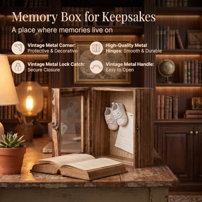 5.1" Extra Deep Shadow Box Frame 8x10, | Display Case, Rustic Wood Memory Box with Vintage Lock and Handle for wedding Flowers and Keepsakes, Carbonized Brown