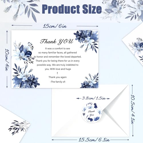 50 Pcs Funeral Sympathy Thank You Cards with Envelopes and Stickers, Sympathy Thank You Cards with Watercolor Blue Flower Bereavement Message for Memorial Service Loved Ones Celebration of Life