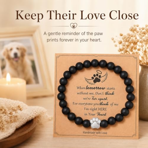 Pet Memorial Bracelet Loss of Dog Cat Matte Black Bead Sympathy Gift | Silver paw print charm, bereavement condolence keepsake jewelry, rainbow bridge gift for dog mom cat mom women men pet parent