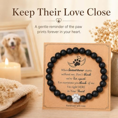 Pet Memorial Bracelet Loss of Dog Cat Matte Black Bead Sympathy Gift | Silver paw print charm, bereavement condolence keepsake jewelry, rainbow bridge gift for dog mom cat mom women men pet parent