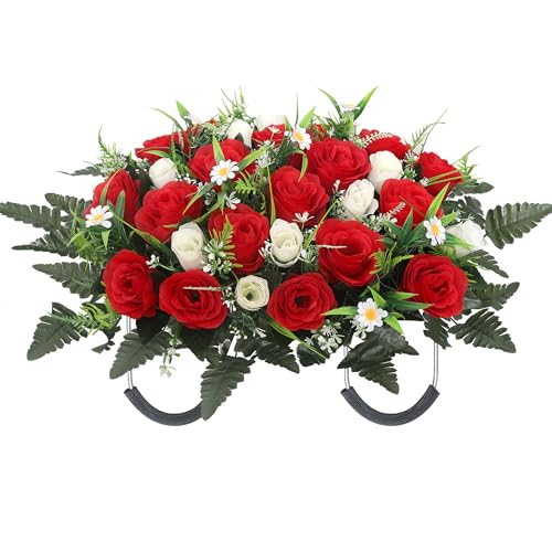Artificial Cemetery Flowers Set Headstone Flower Saddle Memorial Grave Roses for Outdoor Grave Decor UV Resistant - color: Red