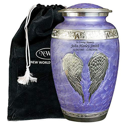 Custom Engraved Angel Wings Funeral Cremation Urn with Velvet Bag (Lilac, Extra Large) - color: Lilac, size: Extra Large