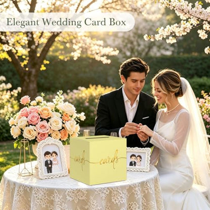 Light Yellow Card Box with Gold Foil Design, Paperboard 8.7" Gift Card Holder for Wedding Graduation Birthday Party Reception Retirement Anniversary Bridal & Baby Shower - color: Light Yellow Card Box with Gold Foil, size: 8.7×8.7×8.7Inch(1 Pack)