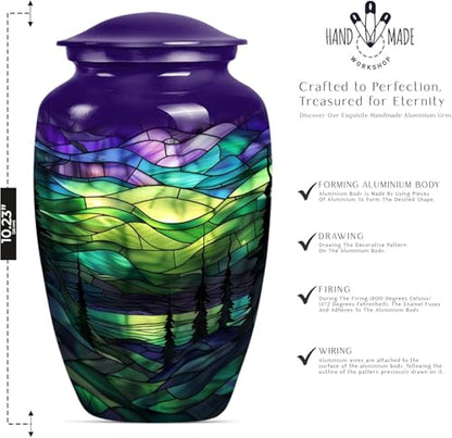 Aurora Borealis Northern Lights Cremation Urn - Urns for Human Ashes Adult | Mother, Dad, Female, Male - Funeral Urn - 10 Inch Metal Polished Ash Holder - Adult Urns for Human Ashes Men - Outdoor Urn - size: #1 (Large Size)
