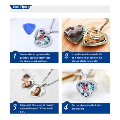 Picture Locket Necklace for Women Men Rose 14K Real Gold 925 Sterling Silver Jewelry Heart Locket Necklace that Holds Pictures Tree of Life Viking Wolf Celtic Knot St Christopher St Michael Pendant - color: H-Heart Locket-cardinal-6