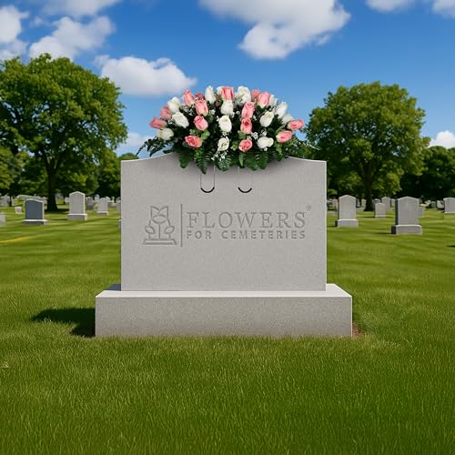 30" Headstone Flower Saddle Artificial Cemetery Flowers - Gravesite Flowers - Cream Pink Roses - color: Cream and White Roses, size: (1) Saddle