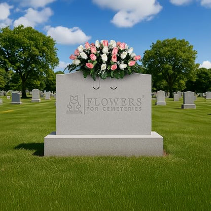 30" Headstone Flower Saddle Artificial Cemetery Flowers - Gravesite Flowers - Cream Pink Roses - color: Cream and White Roses, size: (1) Saddle