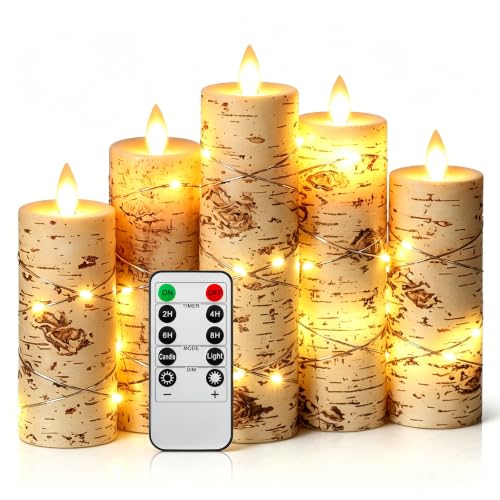 Da by 5 Pack Birch Bark Real Wax Flameless Taper Candles, Lifelike Flickering LED Candles with Copper String Lights, Battery Operated Candles with Remote for Farmhouse Wedding Home Decor - color: Birch#5*1