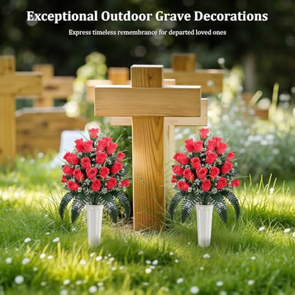 Lewondr Artificial Cemetery Flowers with Vase for Grave, Red Roses, 2 Pack - color: Red