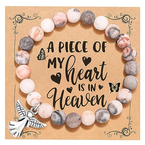 QWNHONEY Memorial Gifts for Loss of Loved Sympathy Remembrance In Memory of Mother Father Pet Bereavement Grief Pink Red Beads Bracelet with Angle Wings Jewelry Gifts for Women - style: Pink-Angel-A piece of my heart is in Heaven