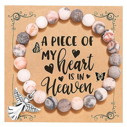 QWNHONEY Memorial Gifts for Loss of Loved Sympathy Remembrance In Memory of Mother Father Pet Bereavement Grief Pink Red Beads Bracelet with Angle Wings Jewelry Gifts for Women - style: Pink-Angel-A piece of my heart is in Heaven