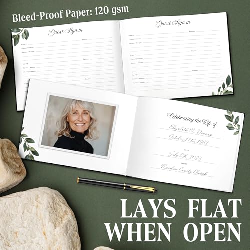 Premium Quality Gold Stamping Matt Hard Cover Funeral Guest Book, Celebration of Life Guest Book 96 Pages 120GSM Quality Paper W/Photo Cut Out, Table Sign and Elegant Black Pen Included