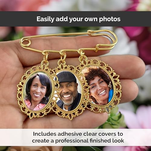 Gold Wedding Bouquet Photo Charm Memorial Pin for Bouquet 3 Pictures