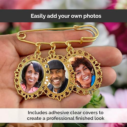 Gold Wedding Bouquet Photo Charm Memorial Pin for Bouquet 3 Pictures