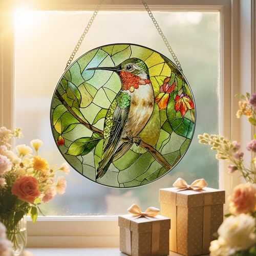 Stained Glass Window Hanging, 8" Stained Glass Hummingbird Suncatcher, Hummingbird Gifts for Women | Christmas, Mother’s Day, Easter, Birthday Gifts for Mom, Grandma, Nana, Wife, Sister & Bird Lovers - color: Hummingbirds