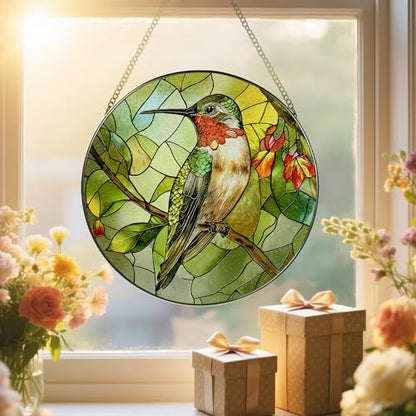 Stained Glass Window Hanging, 8" Stained Glass Hummingbird Suncatcher, Hummingbird Gifts for Women | Christmas, Mother’s Day, Easter, Birthday Gifts for Mom, Grandma, Nana, Wife, Sister & Bird Lovers - color: Hummingbirds