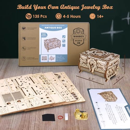 DIY Wooden Music Box Kit 3D Wooden Puzzle for Adults, Mechanical Model Antique Treasure Jewelry Box, Build Your Own Home Decoration Mother's Day Birthday Gift for Women Her
