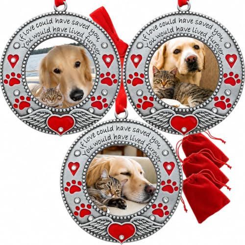 Pet Memorial Photo Ornaments Set of 3, Dog or Cat Remembrance Keepsake Picture Frames with Angel Wings, Paw Prints, Red Hearts, Enameled & Jeweled, Gift Bag Included, 3 Inch Round Holds 2 Inch Photo - size: 3 Standard