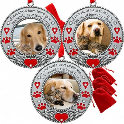 Pet Memorial Photo Ornaments Set of 3, Dog or Cat Remembrance Keepsake Picture Frames with Angel Wings, Paw Prints, Red Hearts, Enameled & Jeweled, Gift Bag Included, 3 Inch Round Holds 2 Inch Photo - size: 3 Standard