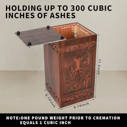 Elegant Tree of Life Wooden Urn for Human Ashes Adult – Full Size 300 Cubic Inches, Handcrafted Solid Wood Cremation Urn (11.3” H), TSA Approved Memorial Urn for Mom, Wife or Loved One