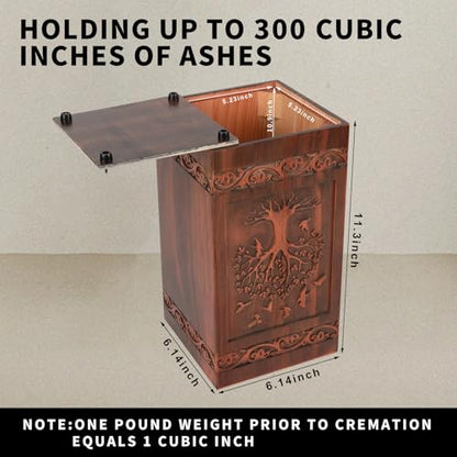 Elegant Tree of Life Wooden Urn for Human Ashes Adult – Full Size 300 Cubic Inches, Handcrafted Solid Wood Cremation Urn (11.3” H), TSA Approved Memorial Urn for Mom, Wife or Loved One