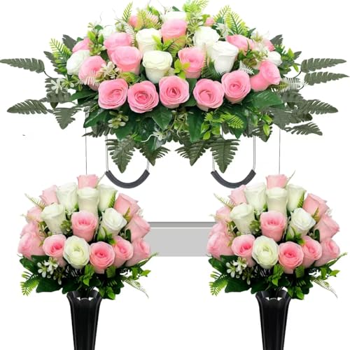 Large Artificial Cemetery Flowers for Grave,Headstone Flower Saddle 3Pcs Realistic Grave Memorial Flowers with Vase for Outdoor Tombstone Decorations (Pink White) - color: Pink White