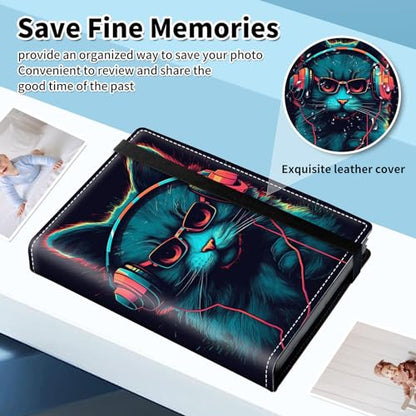 Photo Album 4x6 120 Pockets Photos with Elastic Band, PU Leather Photo Books Small Mini Capacity Picture Album for Family Wedding Anniversary Baby Vacation Pictures,Cat with Headphones Music - color: Cat with Headphones Music