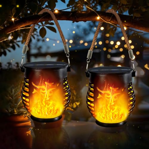 2 Pack Solar Lanterns Outdoor Waterproof Hanging Flickering Flame Lights | Realistic Flame, IP65 Waterproof, Auto On/Off, Rope Handle, Solar Outdoor Lanterns for Yard Table Camp House Porch Lawn Decor - size: 2 PK