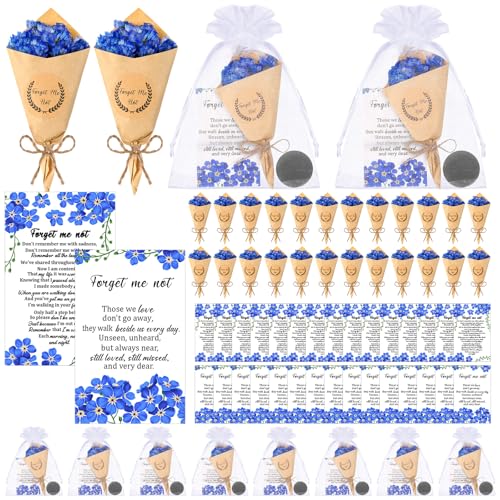 Suncalla 30 Sets Funeral Favors for Guest Forget Me Not Dried Flowers Bouquets Mini Magnet Dried Flower Bouquets with Cards and Organza Bags Celebration of Life Favors for Sympathy Gifts