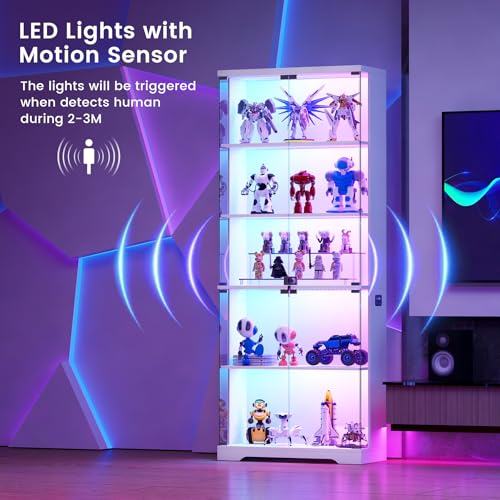 Dystler Glass Display Cabinet with Doors and RGB LED Lights | 69" Tall Curio Cabinet, 5-Tier Wooden Shelves, Lockable Display Case, Motion Sensor, for Collectibles, Living Room, White - color: White