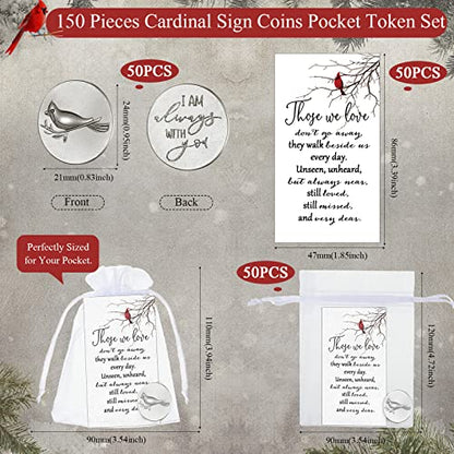 Fumete 50 Set Cardinal Memorial Coins Angel Sign Gifts Set Celebration of Life Decoration Include Cardinal Funeral Pocket Token Memorial Sign Poem Cards White Organza Bags for Funeral Memory Presents