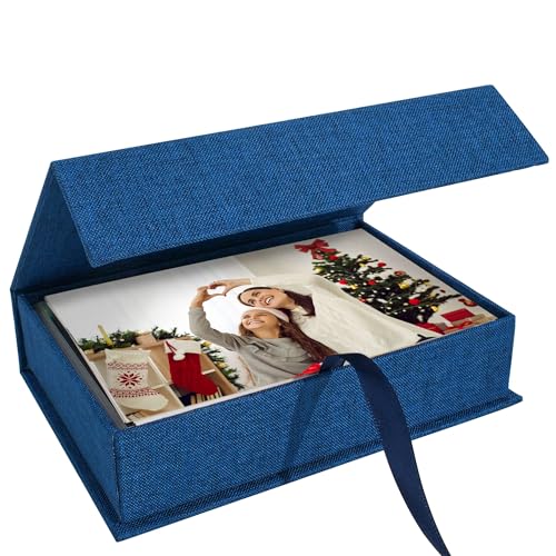 Photo Storage Box 4x6, Linen Photo Box - Blue | Keepsakes and Jewelry, Connected Lid, for Photos, Certificates, Scrapbooking Supplies - color: Navy Blue, size: 4"x6"