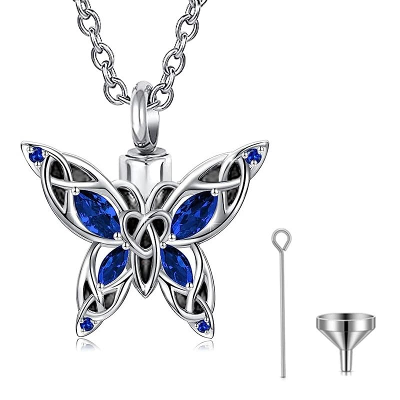 Q&D&S Cremation Butterfly Urn Necklace Jewelry for Ashes for Women Stainless Steel Inlaid Crystal Memorial Pendant Human Pet Ash Holder Gift A Loss of Loved Ones - color: blue