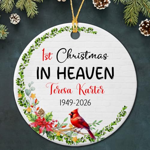 Personalized in Heaven Ceramic Christmas Ornament, Red Cardinal Memorial Ornament Gift for Loss of Loved One, Customized Year Name Angels in Heaven Ornaments, Red Cardinal Condolence Ceramic Ornament - color: Christmas in Heaven Ornament