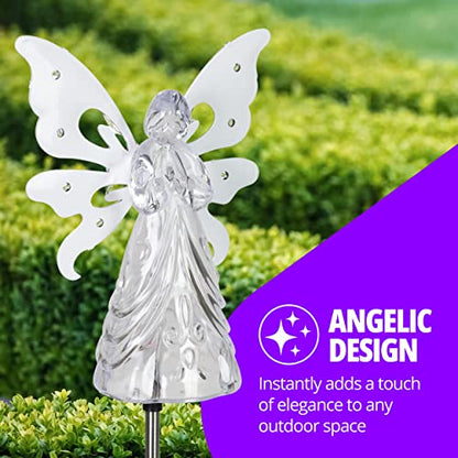 Exhart Garden Solar Lights, Decorative Angel Garden Stake, 13 LEDs, Cute Yard and Pathway Decor, White, 7 x 40 Inch - size: Large