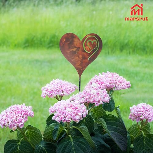 Marsrut Heart Garden Stake, Metal Garden Rusted Heart Pillar, Heart-Shaped Inserted Love Stakes for Use in ihe Plant Yard Garden, Made of Metal, 14Ga Thickness, Ony Heart, No Post Included