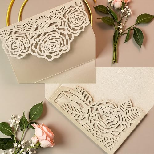 Laser Cutting Invitation Card Greeting Card Graduation Party Rose Flower Wedding Birthday Party Invitations Invitation Pocket With Envelope (Champagne Gold) | Laser-cut rose flower glitter cards for graduation, wedding, birthday, or party. Includes 20 poc