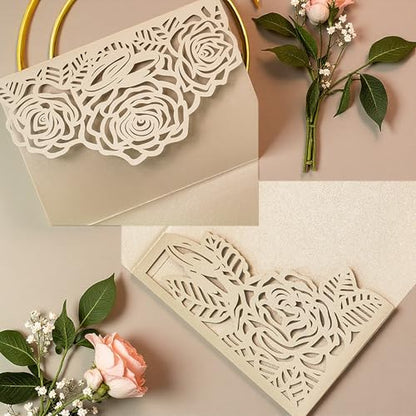 Laser Cutting Invitation Card Greeting Card Graduation Party Rose Flower Wedding Birthday Party Invitations Invitation Pocket With Envelope (Champagne Gold) | Laser-cut rose flower glitter cards for graduation, wedding, birthday, or party. Includes 20 poc