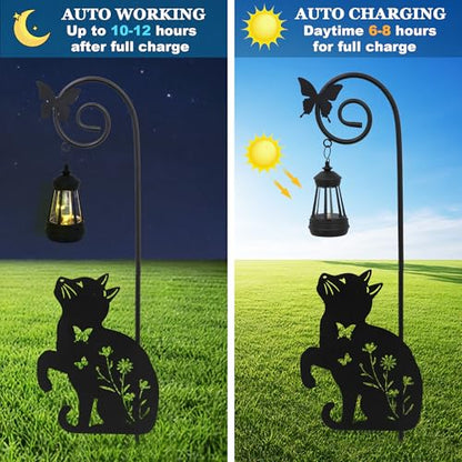 Solar Cat Lantern Garden Stakes 28.7in Metal Outdoor Night Light - color: Black Cat