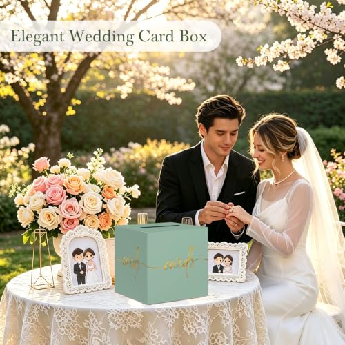 Sage Green Card Box with Gold Foil Design, Paperboard 8.7" Gift Card Holder for Wedding Graduation Birthday Party Reception Retirement Anniversary Bridal & Baby Shower - color: Sage Green Card Box with Gold Foil, size: 8.7×8.7×8.7Inch(1 Pack)