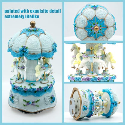 Carousel Music Box,Luxury Color Change LED Light ,Luminous Rotating 3-horse | Luminous Music Box, musical box with Gift Box for Girls Birthday Valentine Gift (Castle in the Sky, Blue) - color: Blue, style: Castle in the Sky