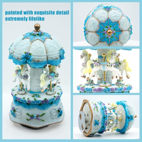 Carousel Music Box,Luxury Color Change LED Light ,Luminous Rotating 3-horse | Luminous Music Box, musical box with Gift Box for Girls Birthday Valentine Gift (You are My Sunshine, Blue) - color: Blue, style: You are My Sunshine