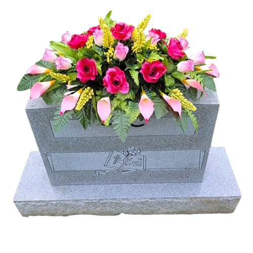 Cemetery Saddle for Headstone - Realistic Silk Faux Floral Artificial Grave Flowers - Beauty Pink Roses and Calla Lilies for Headstone Flower Saddle