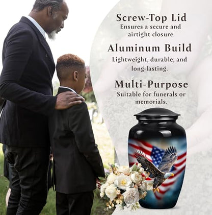 American Flag with Eagle Urn for Ashes Women -Patriotic Cremation Urns Men | Large Black Military Urns for Human Ashes Adult Man - Veteran Funeral Urn for 10 Inch and 200lbs - color: Patriotic Flying Eagle With American Flag