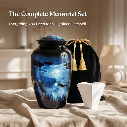 Large Gone Fishing Urn for Human Ashes Adult Male Female - 200 Cubic Inches Decorative Cremation Urn for Dad, Men - Full Size Blue Burial Urn with Velvet Bag and Easy-Fill Funnel - size: Large