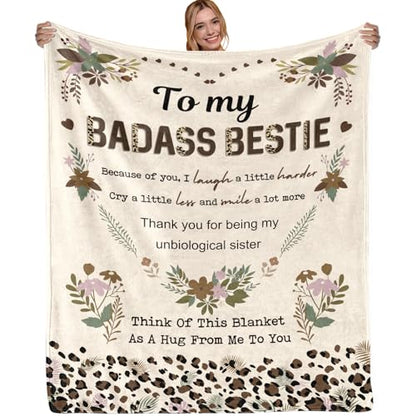 Leopard Badass Bestie Gift, Badass Bestie Blanket, Leopard Sisters Gift, Sister Blanket, Sister Gifts from Sister, Gifts for Best Friends - Super Soft Flannel Blanket 50" x 60" - color: Besties